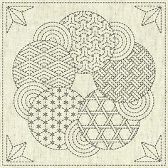 a cross stitch pattern with an intricate design in the center and stars around it, on top of a white linen background