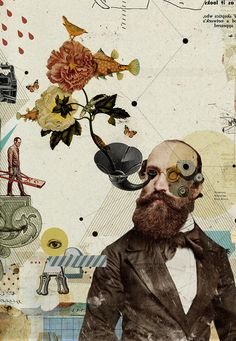 a collage with an image of a man in a suit and flowers on his head