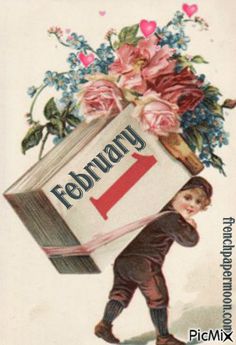 a boy carrying a large stack of books with the word february written on it's back