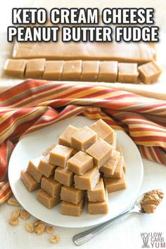 low carb cream cheese peanut butter fudge on a white plate with spoons