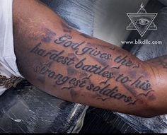 a man with a tattoo on his arm that says god gives the hardest bodies to his storage soldiers