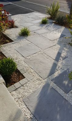 an empty sidewalk with plants and rocks in the middle