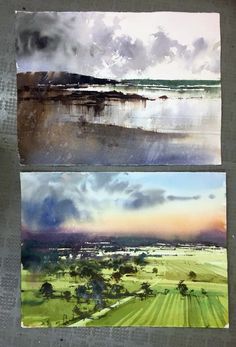 two pictures of the same landscape are shown in three different frames, one is painted with watercolors