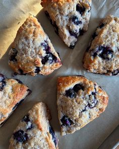 six blueberry scones are arranged on a sheet of wax paper, ready to be eaten