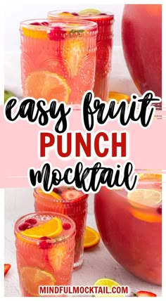 two glasses filled with punch next to an apple and orange slice on the side, text reads easy fruit punch cocktail