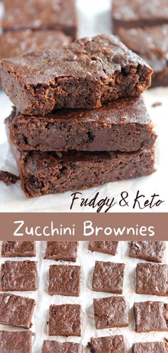 zucchini brownies are stacked on top of each other with chocolate chunks in the middle