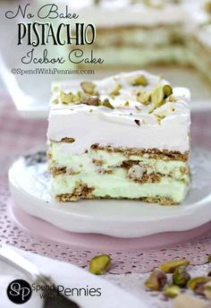 no bake pistachio icebox cake with white frosting on a plate