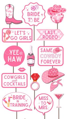 pink cowgirl photo booth props and signs for a bachelor party or bridal celebration