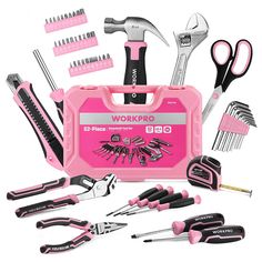 a pink toolbox filled with lots of tools