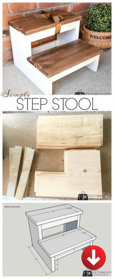 the step stool is made out of wood and has drawers on each side for storage