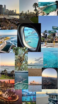 a collage of photos with the city skyline and ocean in the background, including an airplane window