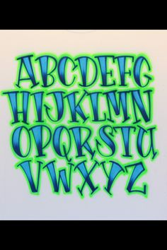 an upper and lower case of the alphabet in neon green, with blue letters on it