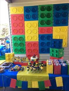 the table is set up with legos on it