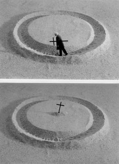 two pictures of a person walking in the middle of a circle with a cross on it