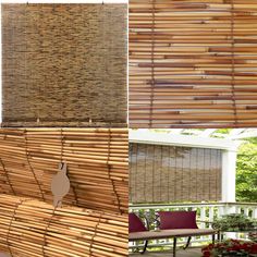 bamboo blinds and chairs on a porch with flowers in the foreground, and an image of