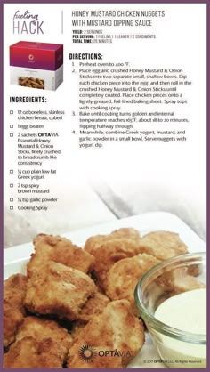 the recipe for honey mustard chicken nuggets with mustard dipping sauce is shown here