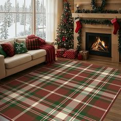 a living room decorated for christmas with plaid rugs