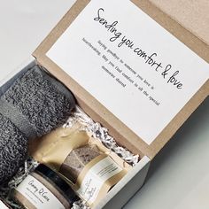 - All Products are handmade and Vegan friendly - The perfect gift box for your loved one going through a loss ❤️ This gift set is customizable with a name, and personal message you can leave attached. This box includes: -Sweet Haven Body scrub -4 oz- -Earth Bath salts -3.5 - 4 oz- -Cotton Towel Earth Bath Salts I N G R E D I E N T S Magnesium Sulfate Essential Oils Fragrance Oils Micas Dried Calendula flowers Dried Comfrey Leaves . . . . . Sweet Haven Scrub I N G R E D I E N T S Pure Cane Sugar Handmade Thinking Of You Gifts, Comfort Baskets For Sympathy, Dried Calendula, Comfort Box, Calendula Flowers, Deepest Sympathy, Comfort Gifts, Magnesium Sulfate, Sorry For Your Loss