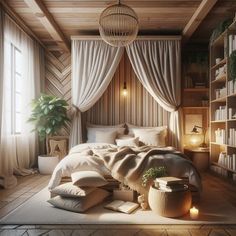 a bedroom with a bed, bookshelf and plants on the floor in front of it