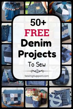 denim projects to sew with text overlay that reads 50 + free denim projects to sew