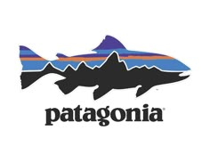 the patagonia logo is shown in blue, orange and purple stripes on a white background