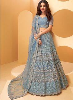 DESIGNER LEHENGA CHOLI Blue Work Blouse, Lehenga Silk, A Line Lehenga, Sky Blue Colour, Wedding Mehendi, Embroidery Mirror, Lehenga Dupatta, Engagement Reception