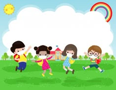 three children playing in the grass with a rainbow behind them