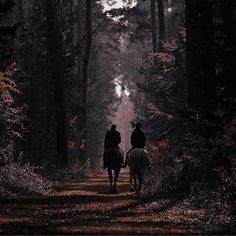 two people riding horses in the woods on a path through trees and leaves, with one person walking behind them