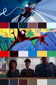 the spider - man and his friends are featured in this collage with color swatches