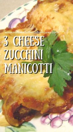 three cheese zucchini manicotti on a plate with parsley sprig