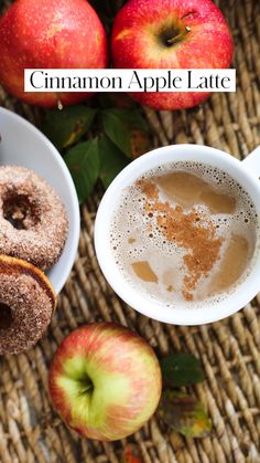 cinnamon apple latte with apples and cinnamon sprinkles on the table next to it