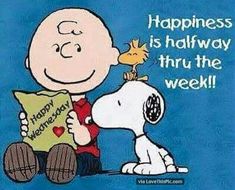 a cartoon character is holding a pillow with the message happiness is halfway through the week