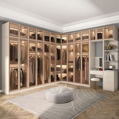 a large walk in closet with clothes on hangers and a round bean bag sitting on the floor