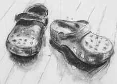 a drawing of two shoes sitting on top of a wooden floor next to each other