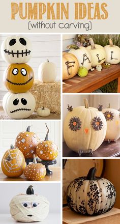 pumpkins with faces and words painted on them