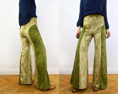 "Green Velvet flares with two panels of green colour. Made from stretch velvet / velour, they pull on like leggings and have a fold over elastic waist band. Figure hugging to the knee and and fantastically flared from the knee down.   All products are made to order. My size chart is as follows: S - UK 6-8 / US 2-4 (waist 23\" - 26\" Hip 32\" - 35\" ) M - UK 10-12 / US 6-8 (waist 27\" - 29\" Hip 36\" - 39\" ) L- UK 14 - 16 / US 10-12 (waist 30\" - 33\" Hip 40\" - 43\" ) XL - UK 18 - 20 / US 14-16 Stretch Velvet Flare Bottoms, Velvet Flared Pants, Velvet Flare Pants, Velvet Flares, Fold Over Elastic, Velvet Shorts, Womens Trousers, Most Beautiful Dresses, Stretch Velvet