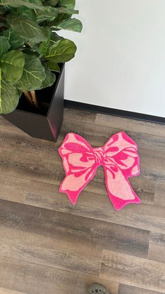 a pink bow on the floor next to a potted plant