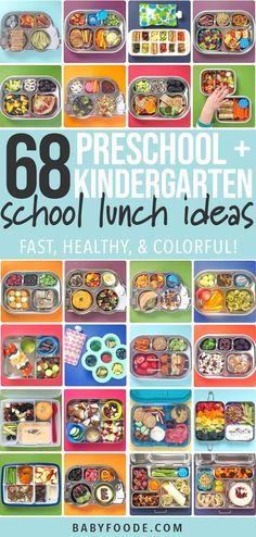 the book cover for 68 preschool and school lunch ideas