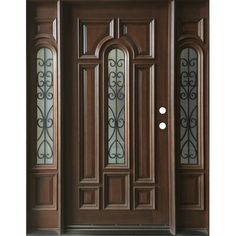 a wooden door with glass panels on the front and side doors, in dark wood