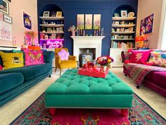 a living room filled with lots of colorful furniture