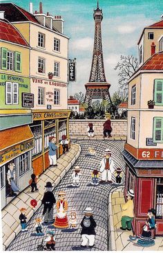 a painting of people walking around in front of the eiffel tower