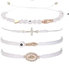 four different types of bracelets with cross and beads on each one side, all in white