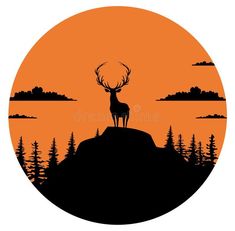 a deer standing on top of a hill in front of an orange sky with trees