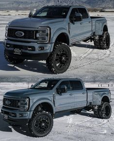 two pictures of the front and rear sides of a silver truck with black wheels on snow covered ground