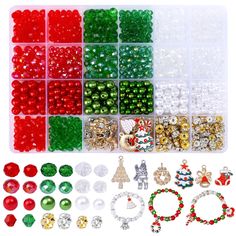 christmas decorations and beads in plastic storage box