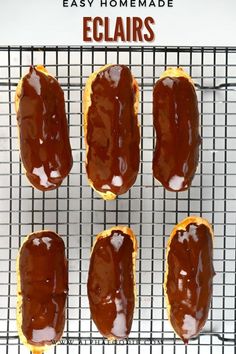 chocolate covered donuts on a cooling rack with text overlay that reads easy homemade eclairs