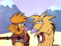 two cartoon characters are playing guitar and singing