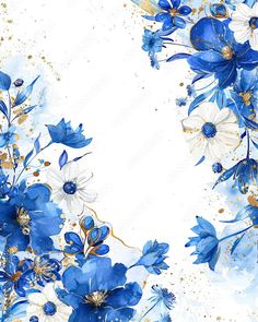 blue and white flowers with gold accents on a white background, watercolor painting by numbers