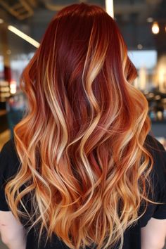 2 Toned Red Hair, Red Head Highlights Lowlights, Red Copper Hair Color Balayage, Red And Blonde Balayage, Fall Red Hair Color, Red With Blonde Highlights, Red Hair With Blonde, Red Hair With Blonde Highlights, Hair With Blonde Highlights