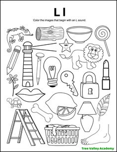 A printable letter L beginning sound worksheet. The alphabet coloring page has 23 pictures. Kids need to sound out the words of the images and color the 14 objects that begin with an L sound. Letter L Activity For Preschoolers, Letter L Worksheets For Kindergarten, L Is For, Letter L Worksheets For Preschoolers, Letter L Activities For Preschool, Sound Worksheets For Kindergarten, Letter L Craft, Letter L Activities, Letter L Worksheet